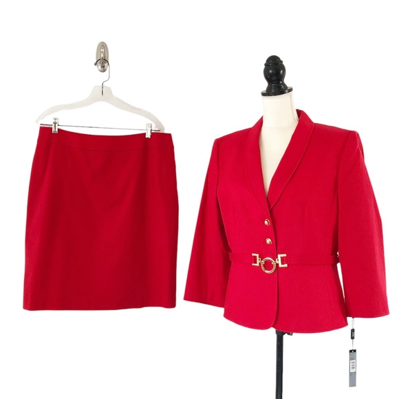 Tahari ASL Dresses & Skirts - Tahari ASL Women’s Red Long Sleeve Belted Gold Hardware Skirt Suit Size 14